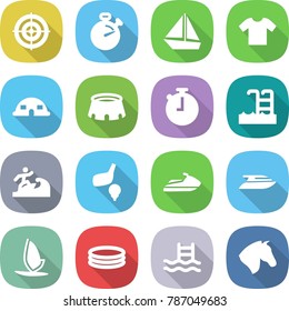 flat vector icon set - target vector, stopwatch, boat, t shirt, dome house, stadium, pool, surfer, golf, jet ski, yacht, windsurfing, inflatable, horse