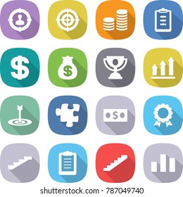 flat vector icon set - target audience vector, coin stack, clipboard, dollar, money bag, trophy, graph up, puzzle, medal, stairs, chart