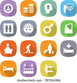 flat vector icon set - target audience vector, coin stack, bulb head, presentation, wc, bandaged, male sign, broken hand, hospital recieption, tourist, passenger, bed, skysrcapers cleaning