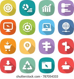 flat vector icon set - target vector, diagram, monitor arrow, around gear, notebook, globe connect, add to cart, dollar pin, singlepost, signpost, package, recycle, browser window