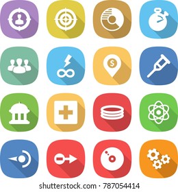 flat vector icon set - target audience vector, circle diagram, stopwatch, group, infinity power, dollar pin, crutch, goverment house, first aid, inflatable pool, atom, photon, electron, cd, gears