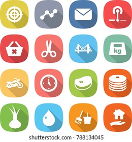 flat vector icon set - target vector, graph, mail, laser, delete cart, scissors, bridge, heavy, motorcycle, watch, steake, pancakes, onion, drop, bucket and broom, housing