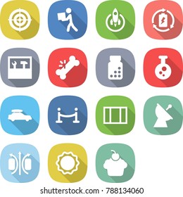 flat vector icon set - target vector, courier, rocket, battery charge, tools, broken bone, pills bottle, chemical, car baggage, vip fence, window, satellite antenna, magnetic field, induction oven