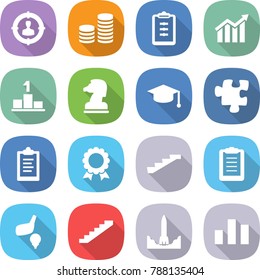 flat vector icon set - target audience vector, coin stack, clipboard, diagram, pedestal, chess horse, graduate hat, puzzle, medal, stairs, golf, rocket start, chart