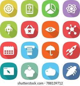flat vector icon set - target vector, report, diagram, atom, jet robot, delete cart, eye, virus, calendar, column, dry cargo, rocket, browser window, cupcake, tomato, bug