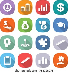 flat vector icon set - target audience vector, coin stack, graph, dollar, investment, money bag, gift, graduate hat, bulb head, puzzle, stairs, clipboard, chart, housing