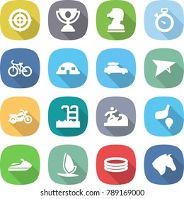 flat vector icon set - target vector, trophy, chess horse, stopwatch, bike, dome house, car baggage, deltaplane, motorcycle, pool, surfer, golf, jet ski, windsurfing, inflatable