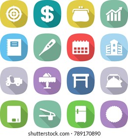 flat vector icon set - target vector, dollar, purse, diagram, copybook, medical thermometer, calendar, building, scooter shipping, restaurant, stool, kettle, kitchen scales, garlic clasp, fridge
