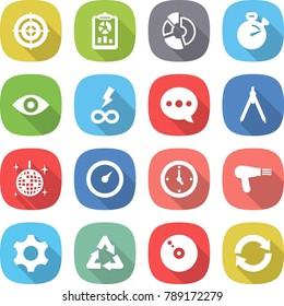 flat vector icon set - target vector, report, circle diagram, stopwatch, eye, infinity power, balloon, drawing compasses, disco ball, barometer, watch, hair dryer, gear, recycle, cd, reload