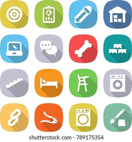 flat vector icon set - target vector, report, pencil, warehouse, notebook, discussion, bone, block wall, stairs, bed, Chair for babies, washing machine, link, walnut crack, toilet brush
