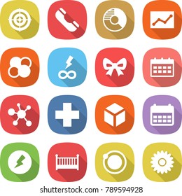 flat vector icon set - target vector, phone, circle diagram, statistics, atom core, infinity power, bow, calendar, virus, cross, 3d, electricity, crib, orbit, flower