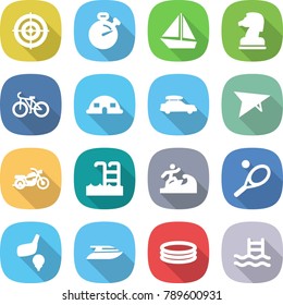 flat vector icon set - target vector, stopwatch, boat, chess horse, bike, dome house, car baggage, deltaplane, motorcycle, pool, surfer, tennis, golf, yacht, inflatable