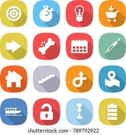 flat vector icon set - target vector, stopwatch, bulb, add to cart, right arrow, broken bone, calendar, syringe, home, stairs, trip, map, train, unlocked, laser, battery