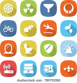 flat vector icon set - target vector, nuclear, funnel, necklace, bike, houses, arrival, golf, mirror, toilet, shield, siren, router, double boiler, coffee maker, hard reach place cleaning