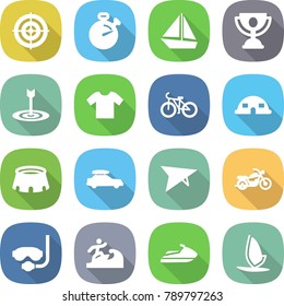 flat vector icon set - target vector, stopwatch, boat, trophy, t shirt, bike, dome house, stadium, car baggage, deltaplane, motorcycle, diving mask, surfer, jet ski, windsurfing