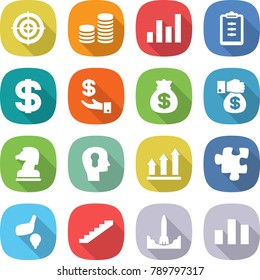 flat vector icon set - target vector, coin stack, graph, clipboard, dollar, investment, money bag, gift, chess horse, bulb head, up, puzzle, golf, stairs, rocket start, chart