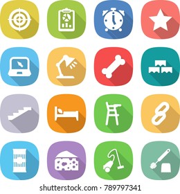 flat vector icon set - target vector, report, alarm clock, star, notebook, table lamp, bone, block wall, stairs, bed, Chair for babies, link, pasta, cheese, vacuum cleaner, toilet brush