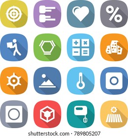 flat vector icon set - target vector, diagram, heart, percent, courier, hex molecule, calculator, modern architecture, handwheel, landscape, thermometer, ring button, 3d, mixer, field