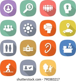 flat vector icon set - target audience vector, dollar magnifier, team, bulb head, group, round around, virtual mask, car pointer, wc, hospital, ear, customs control, tourist, check in