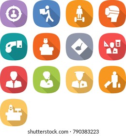 flat vector icon set - target audience vector, courier, hoverboard, virtual mask, hand coin, hospital recieption, under construction, architector, client, support manager, security man, passenger
