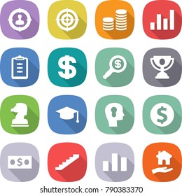 flat vector icon set - target audience vector, coin stack, graph, clipboard, dollar, magnifier, trophy, chess horse, graduate hat, bulb head, money, stairs, chart, housing