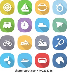 flat vector icon set - target vector, boat, smart bracelet, stopwatch, stadium, car baggage, deltaplane, bike, motorcycle, surfer, tennis, golf, yacht, inflatable pool, horse