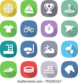 flat vector icon set - target vector, boat, trophy, t shirt, bike, stopwatch, deltaplane, pool, diving mask, surfer, golf, jet ski, inflatable, horse