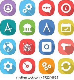 flat vector icon set - target audience vector, gear, balloon, info, draw compass, goverment house, drawing compasses, terms, earth, disco ball, ring button, hair dryer, cd, gears, reload