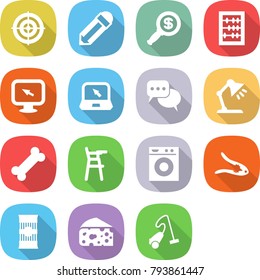 flat vector icon set - target vector, pencil, dollar magnifier, abacus, monitor arrow, notebook, discussion, table lamp, bone, Chair for babies, washing machine, walnut crack, pasta, cheese