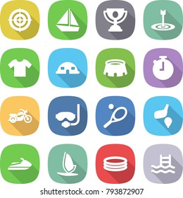 flat vector icon set - target vector, boat, trophy, t shirt, dome house, stadium, stopwatch, motorcycle, diving mask, tennis, golf, jet ski, windsurfing, inflatable pool