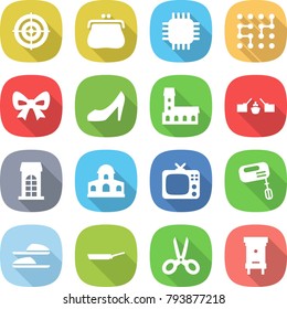 flat vector icon set - target vector, purse, chip, bow, shoes, mansion, drawbridge, building, tv, mixer, slippers, pan, scissors, hive