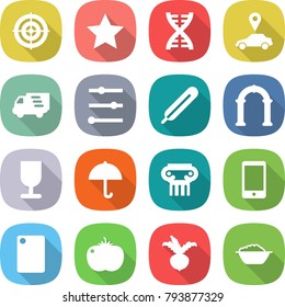 flat vector icon set - target vector, star, dna, car pointer, delivery, equalizer, medical thermometer, arch, fragile, dry cargo, antique column, phone, cutting board, tomato, beet, foam basin