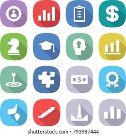 flat vector icon set - target audience vector, graph, clipboard, dollar, chess horse, graduate hat, bulb head, up, puzzle, money, medal, golf, stairs, rocket start, chart