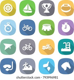 flat vector icon set - target vector, boat, trophy, smart bracelet, stopwatch, bike, stadium, deltaplane, motorcycle, pool, diving mask, surfer, golf, horse