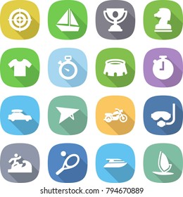 flat vector icon set - target vector, boat, trophy, chess horse, t shirt, stopwatch, stadium, car baggage, deltaplane, motorcycle, diving mask, surfer, tennis, yacht, windsurfing
