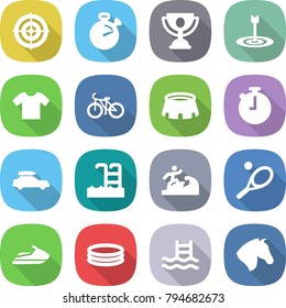 flat vector icon set - target vector, stopwatch, trophy, t shirt, bike, stadium, car baggage, pool, surfer, tennis, jet ski, inflatable, horse
