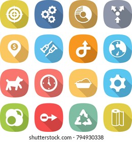 flat vector icon set - target vector, gear, circle diagram, core splitting, dollar pin, crutch, trip, earth, dog, watch, washing, atom, electron, recycle, paper towel