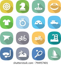 flat vector icon set - target vector, chess horse, smart bracelet, t shirt, stopwatch, dome house, car baggage, deltaplane, bike, motorcycle, pool, diving mask, surfer, tennis, windsurfing