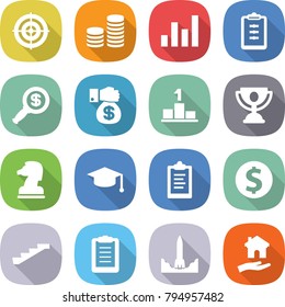 flat vector icon set - target vector, coin stack, graph, clipboard, dollar magnifier, money gift, pedestal, trophy, chess horse, graduate hat, stairs, rocket start, housing