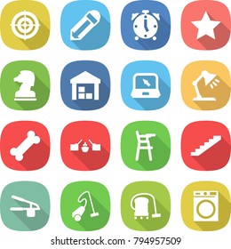 flat vector icon set - target vector, pencil, alarm clock, star, chess horse, warehouse, notebook, table lamp, bone, drawbridge, Chair for babies, stairs, garlic clasp, vacuum cleaner