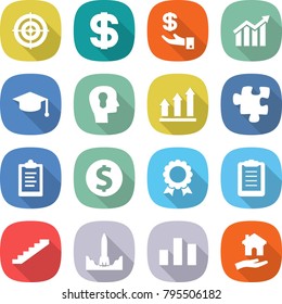 flat vector icon set - target vector, dollar, investment, diagram, graduate hat, bulb head, graph up, puzzle, clipboard, coin, medal, stairs, rocket start, chart, housing