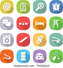 flat vector icon set - target vector, report, dollar magnifier, alarm clock, discussion, drawbridge, bed, Chair for babies, washing machine, stairs, link, garlic clasp, walnut crack, pasta, cheese