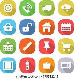 flat vector icon set - target vector, call, truck, cloud service, add to basket, unlock, home, calendar, university, ruler, pin, cart, power switch, remote control, pan, microwave oven