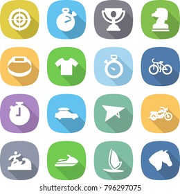 flat vector icon set - target vector, stopwatch, trophy, chess horse, smart bracelet, t shirt, bike, car baggage, deltaplane, motorcycle, surfer, jet ski, windsurfing