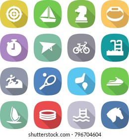 flat vector icon set - target vector, boat, chess horse, smart bracelet, stopwatch, deltaplane, bike, pool, surfer, tennis, golf, jet ski, windsurfing, inflatable