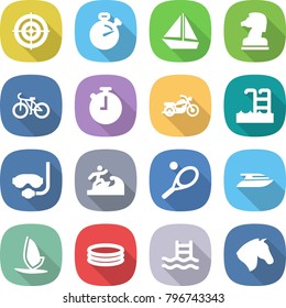 flat vector icon set - target vector, stopwatch, boat, chess horse, bike, motorcycle, pool, diving mask, surfer, tennis, yacht, windsurfing, inflatable
