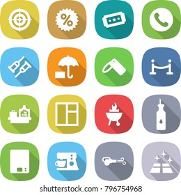 flat vector icon set - target vector, percent, ticket, phone, crutch, insurance, label, vip fence, baggage checking, window, bbq, vegetable oil, kitchen scales, coffee maker, blower, clean floor