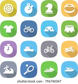 flat vector icon set - target vector, stopwatch, chess horse, smart bracelet, t shirt, bike, dome house, stadium, car baggage, motorcycle, surfer, tennis, jet ski, yacht