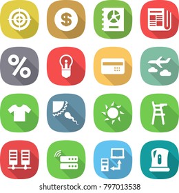flat vector icon set - target vector, dollar, annual report, newspaper, percent, bulb, credit card, journey, t shirt, sperm, sun, Chair for babies, server, data transfer, kettle