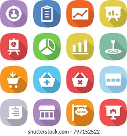 flat vector icon set - target audience vector, clipboard, statistics, presentation, diagram, graph up, add to cart, basket, delete, market, shopping list, store signboard